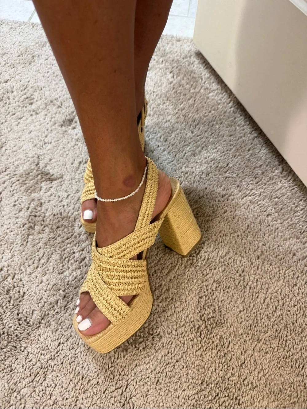 Woven Straw Block Heel Sandals - Natural